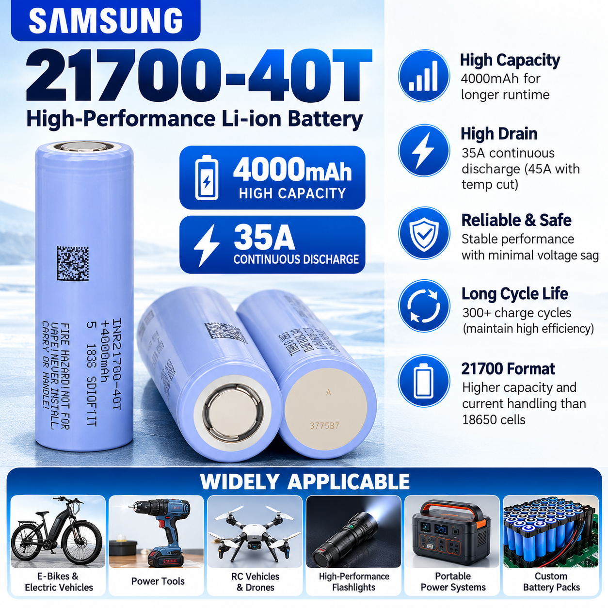 三星 40T 21700 4000mAh 10C 35A 电池 (40T5)