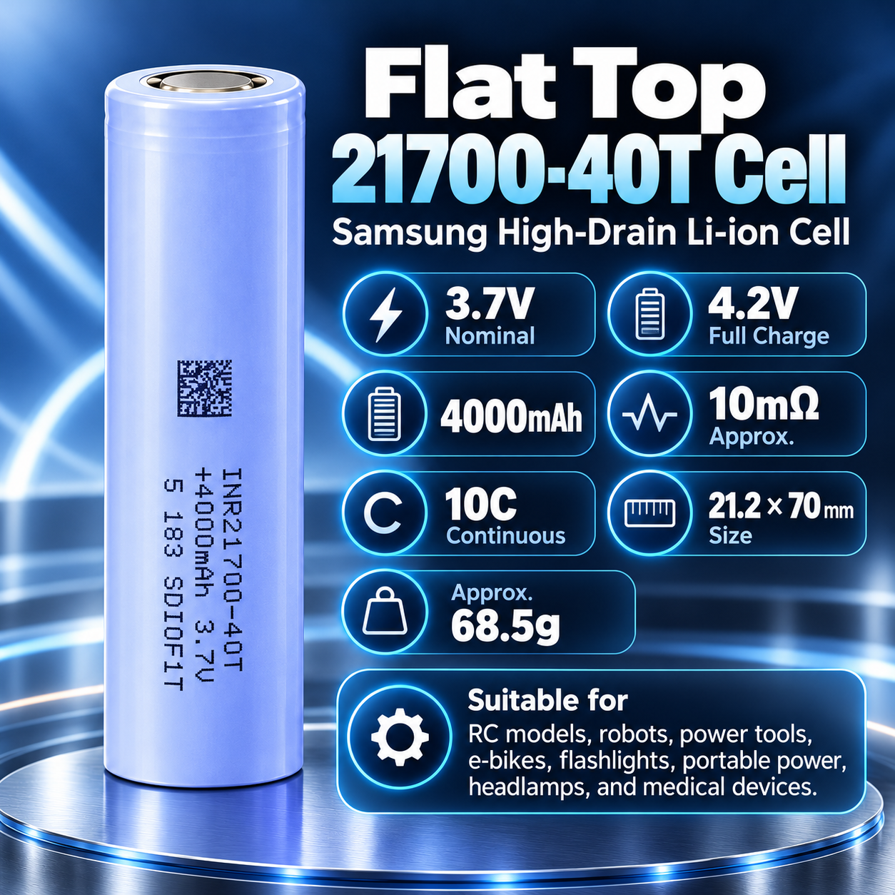 Samsung 40T 21700 4000mAh 10C 35A Battery (40T5) - 图片 2
