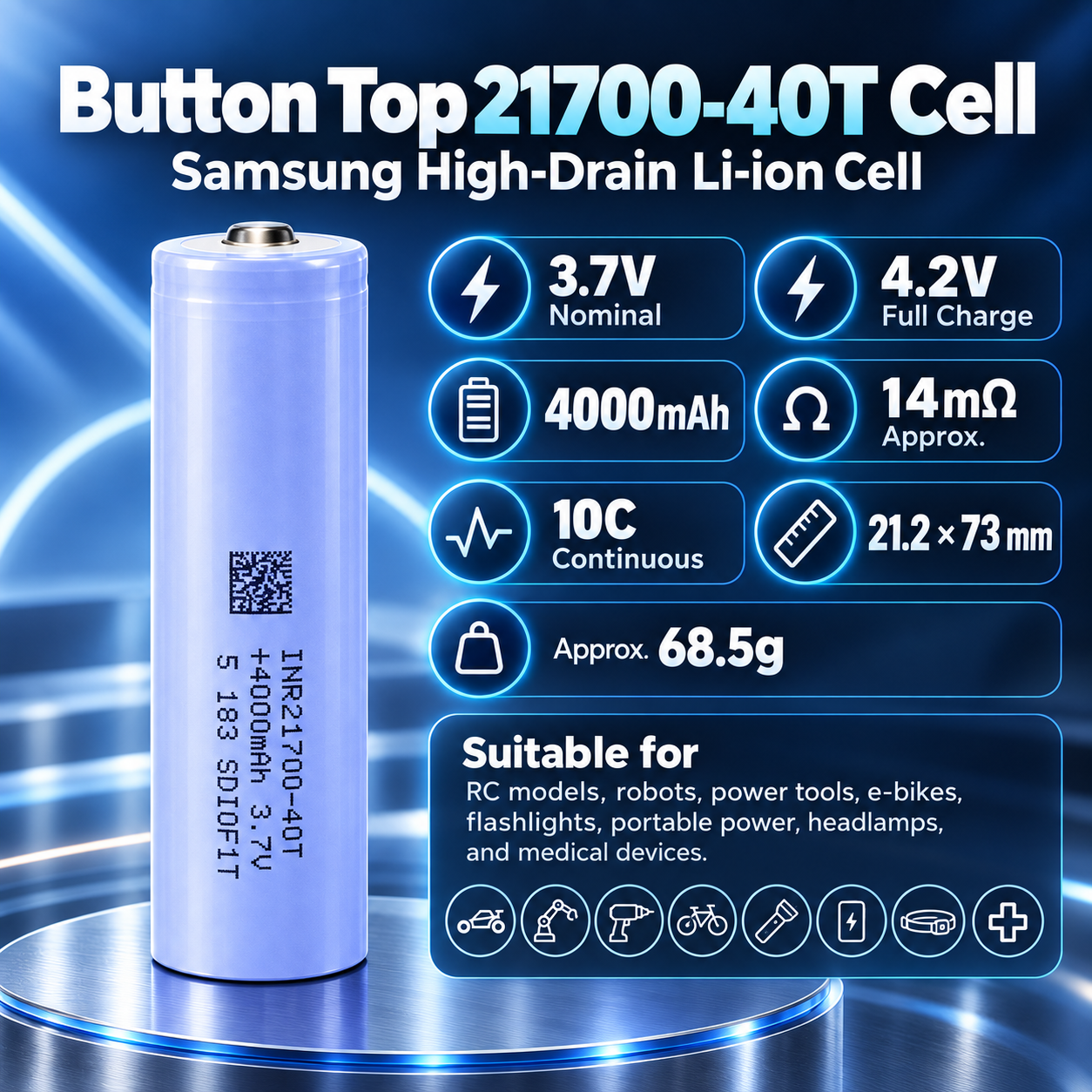 Samsung 40T 21700 4000mAh 10C 35A Battery (40T5) - 图片 3