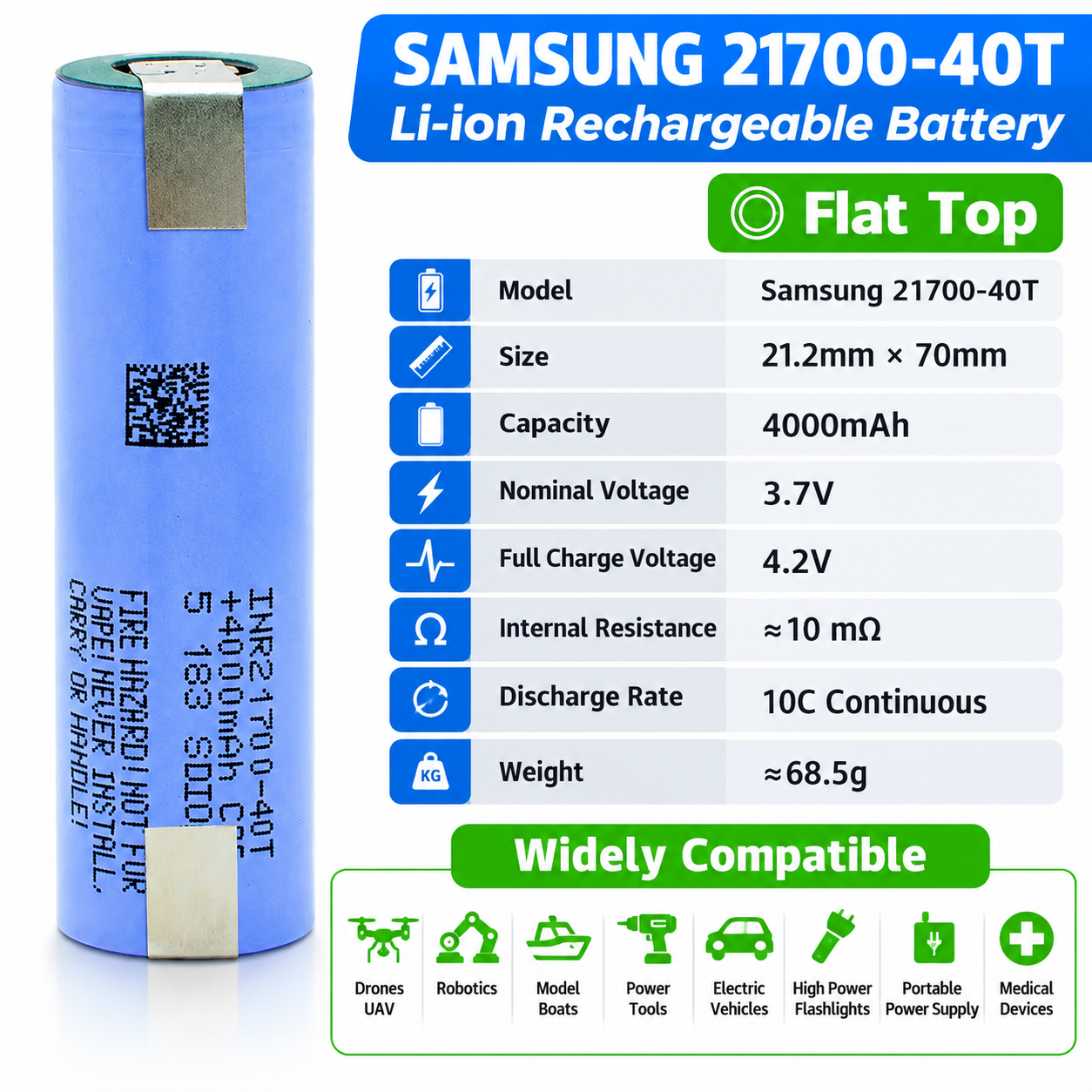Samsung 40T 21700 4000mAh 10C 35A Battery (40T5) - 图片 4