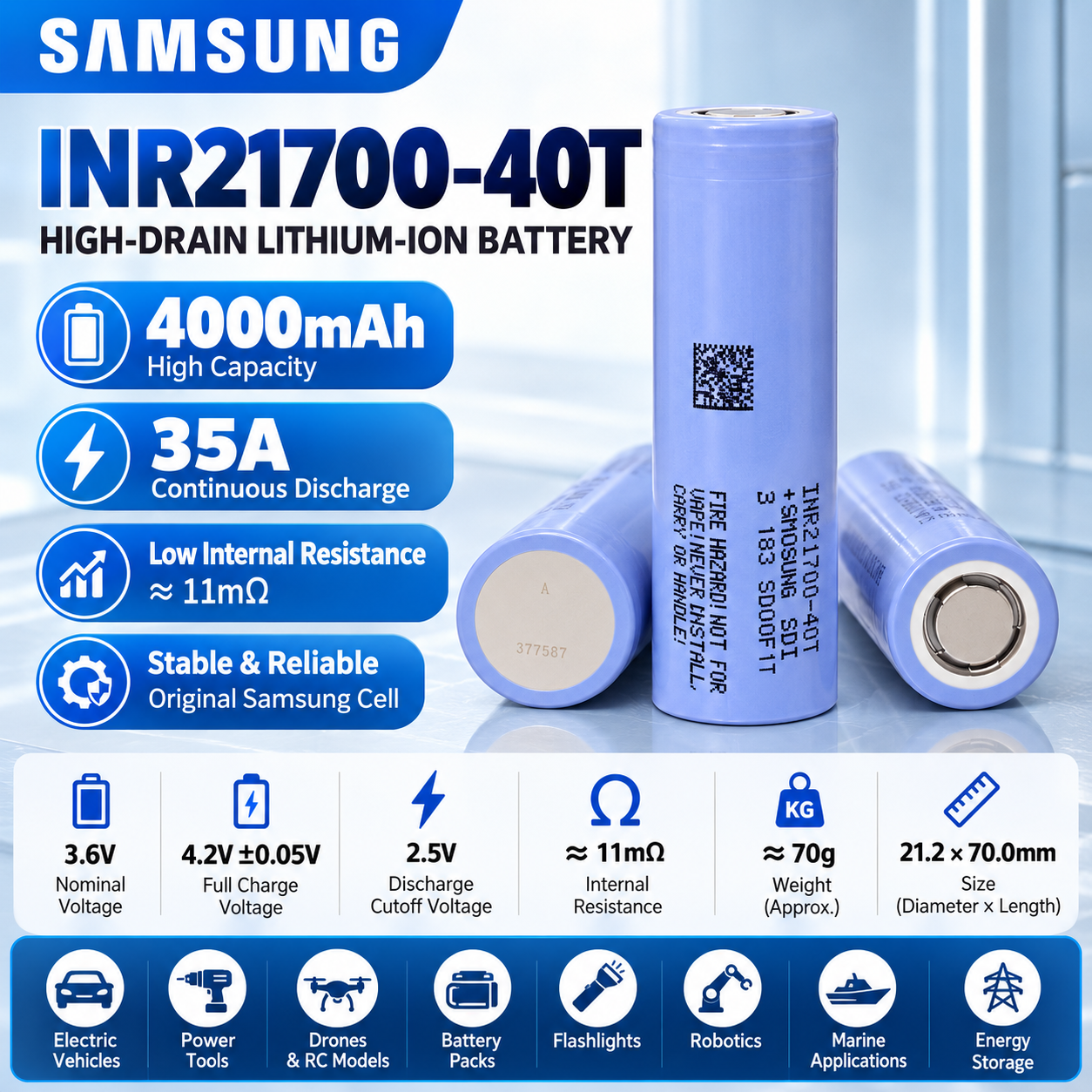 Samsung 40T 21700 4000mAh 10C 35A Battery (40T5) - 图片 5