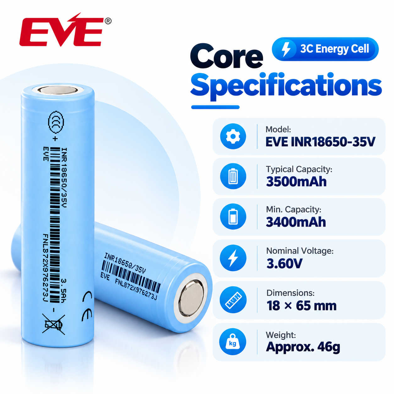 EVE 35V 18650 3500mAh 3C 10A Battery - 图片 4