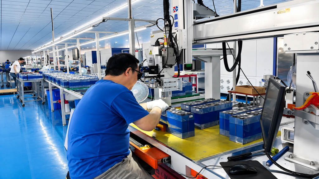 MIBANG POWER technician programming a robotic arm on the battery assembly line