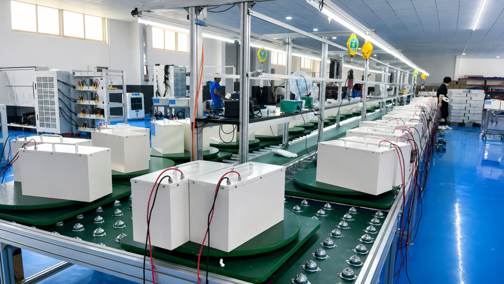 Automated battery pack assembly line with robotic arms at MIBANG POWER