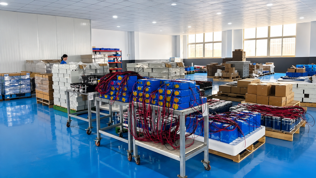 Battery pack testing on the conveyor line at MIBANG POWER