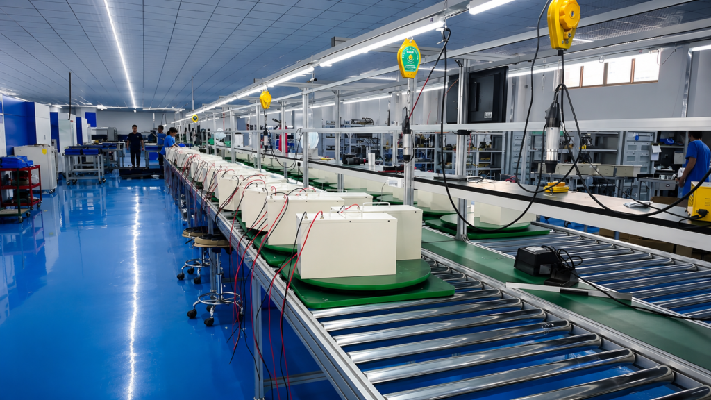 Assembly line overview with workers at MIBANG POWER factory