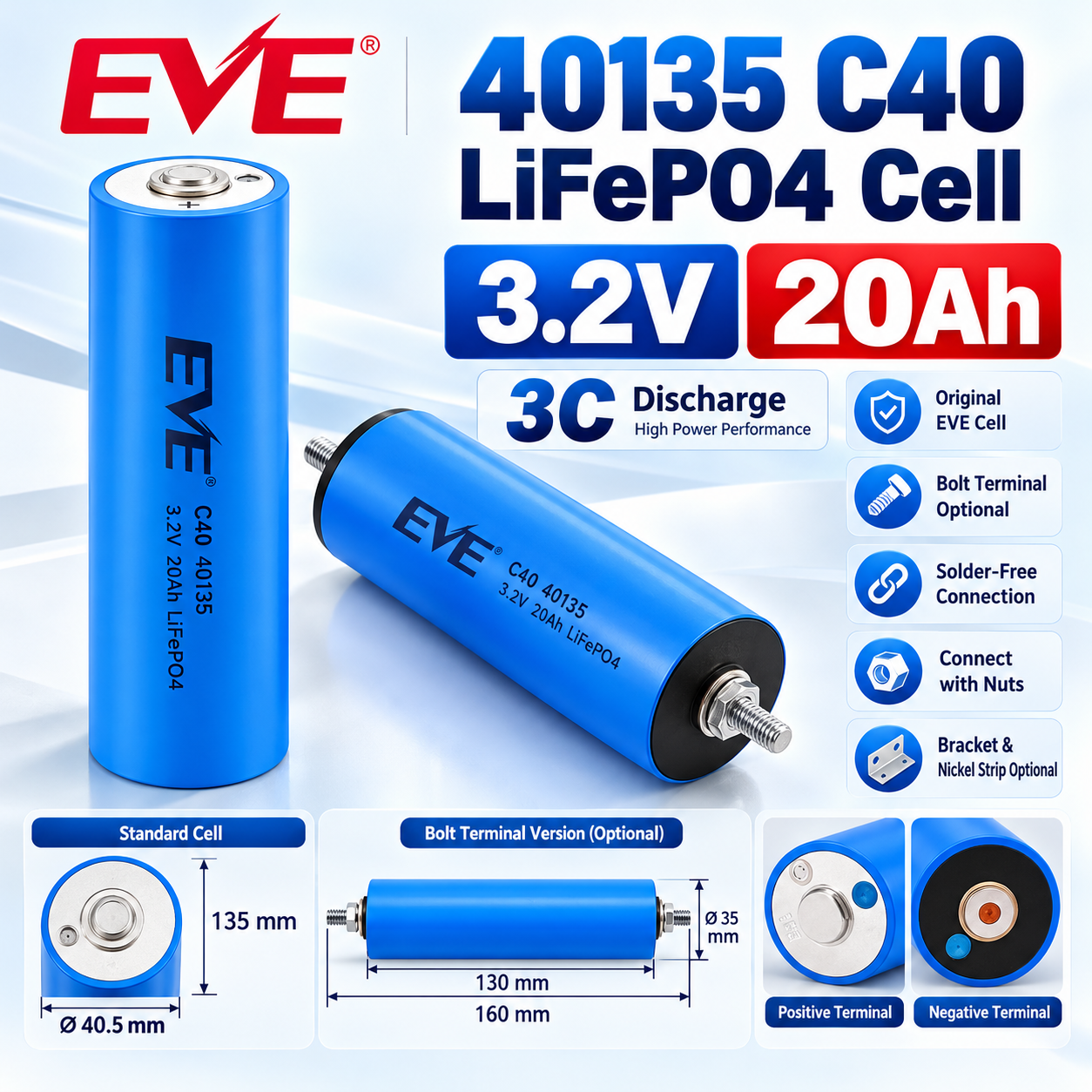 EVE C40 40135 LiFePO4 Battery – 3.2V Cylindrical 20A Power Cell - 图片 11