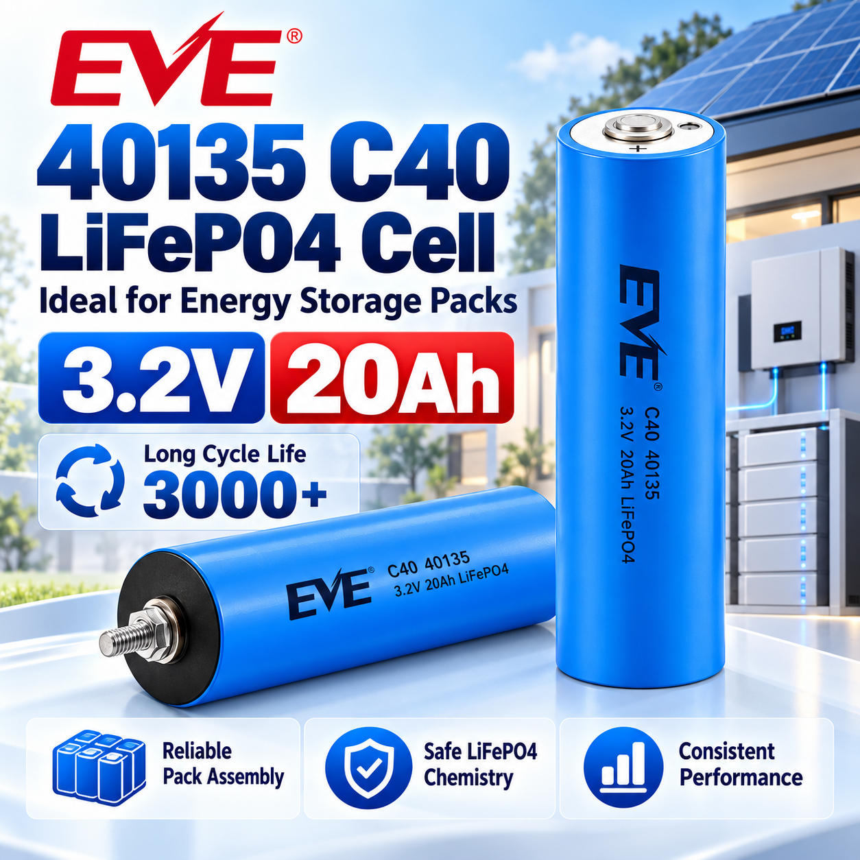 EVE C40 40135 LiFePO4 Battery – 3.2V Cylindrical 20A Power Cell - 图片 3