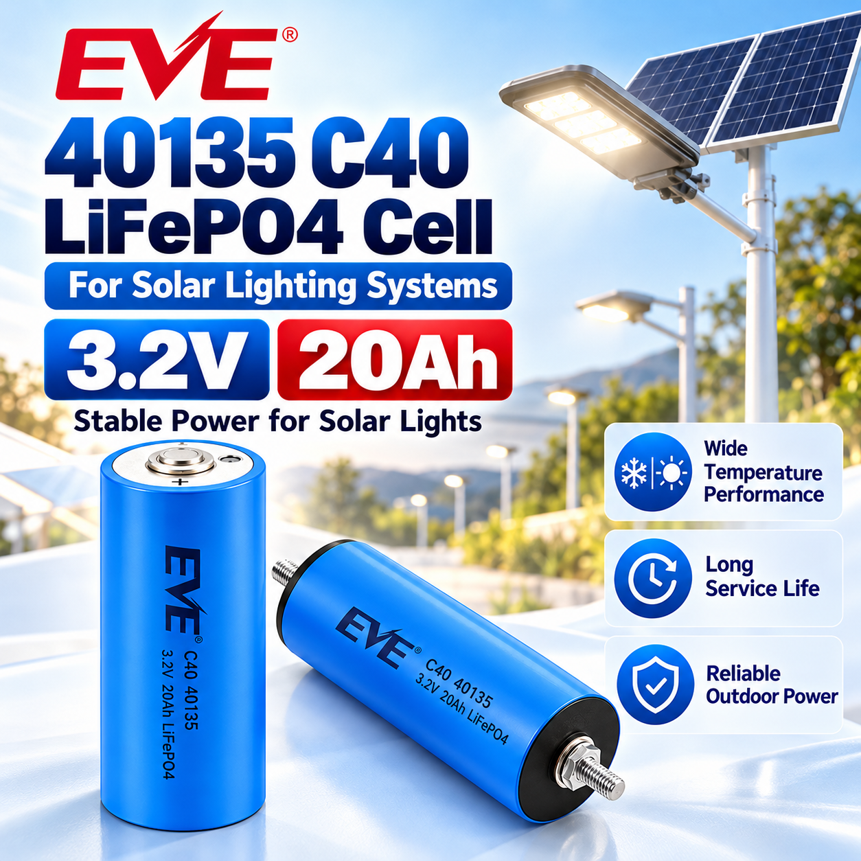 EVE C40 40135 LiFePO4 Battery – 3.2V Cylindrical 20A Power Cell - 图片 4