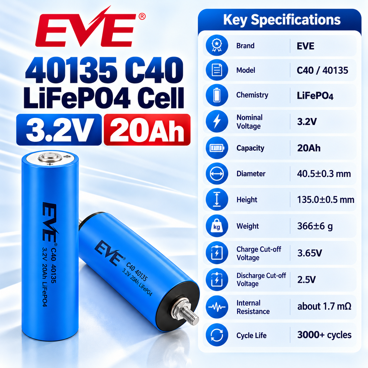 EVE C40 40135 LiFePO4 Battery – 3.2V Cylindrical 20A Power Cell - 图片 5