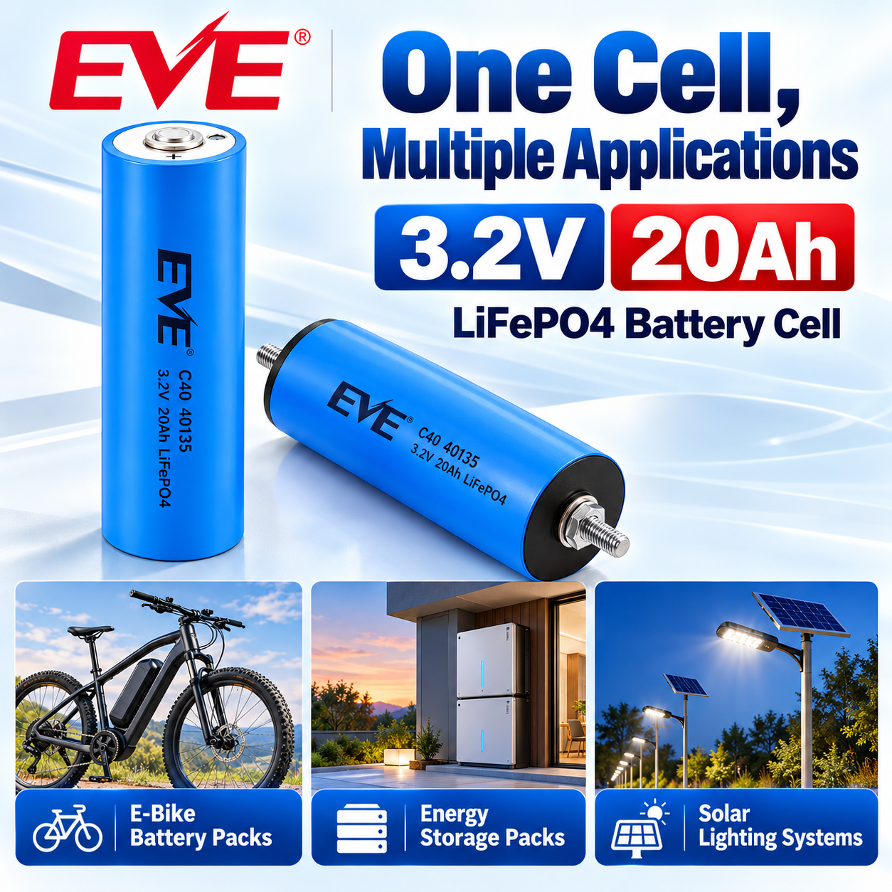 EVE C40 40135 LiFePO4 Battery – 3.2V Cylindrical 20A Power Cell - 图片 9