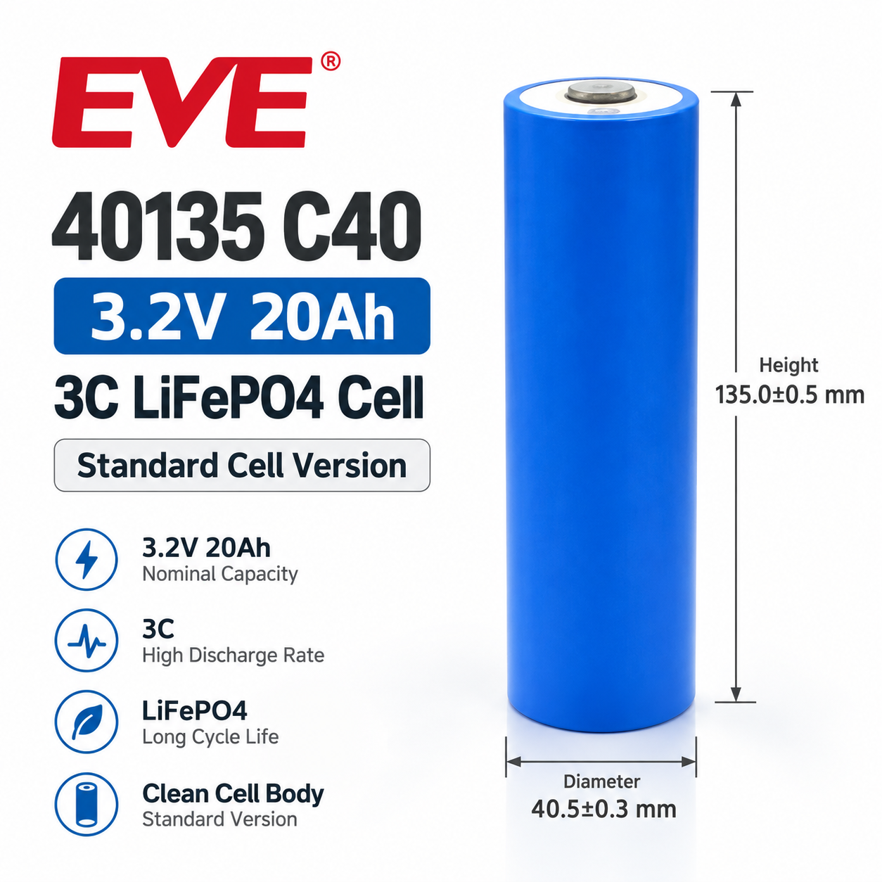 EVE C40 40135 LiFePO4 Battery – 3.2V Cylindrical 20A Power Cell - 图片 13